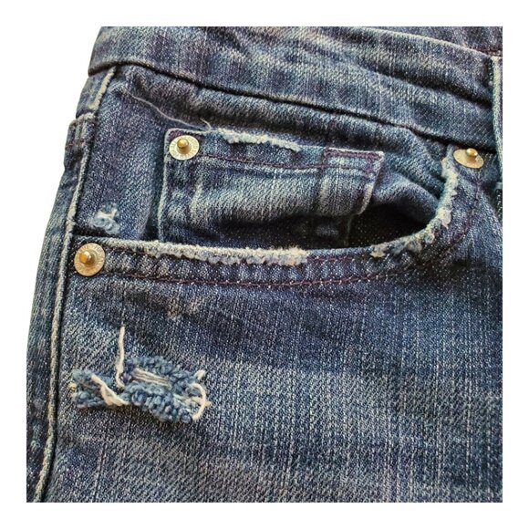 7 FOR ALL MANKIND SZ 32 "A" Pocket Low-rise Bootcut Distressed Blue Jeans - Picture 2 of 15